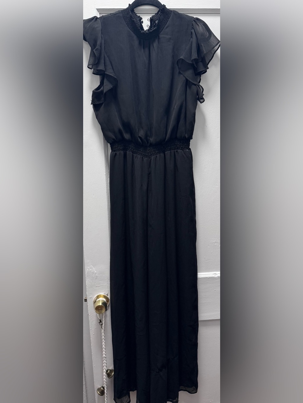 Black Smocked Waist Ruffle Sleeve Jumpsuit